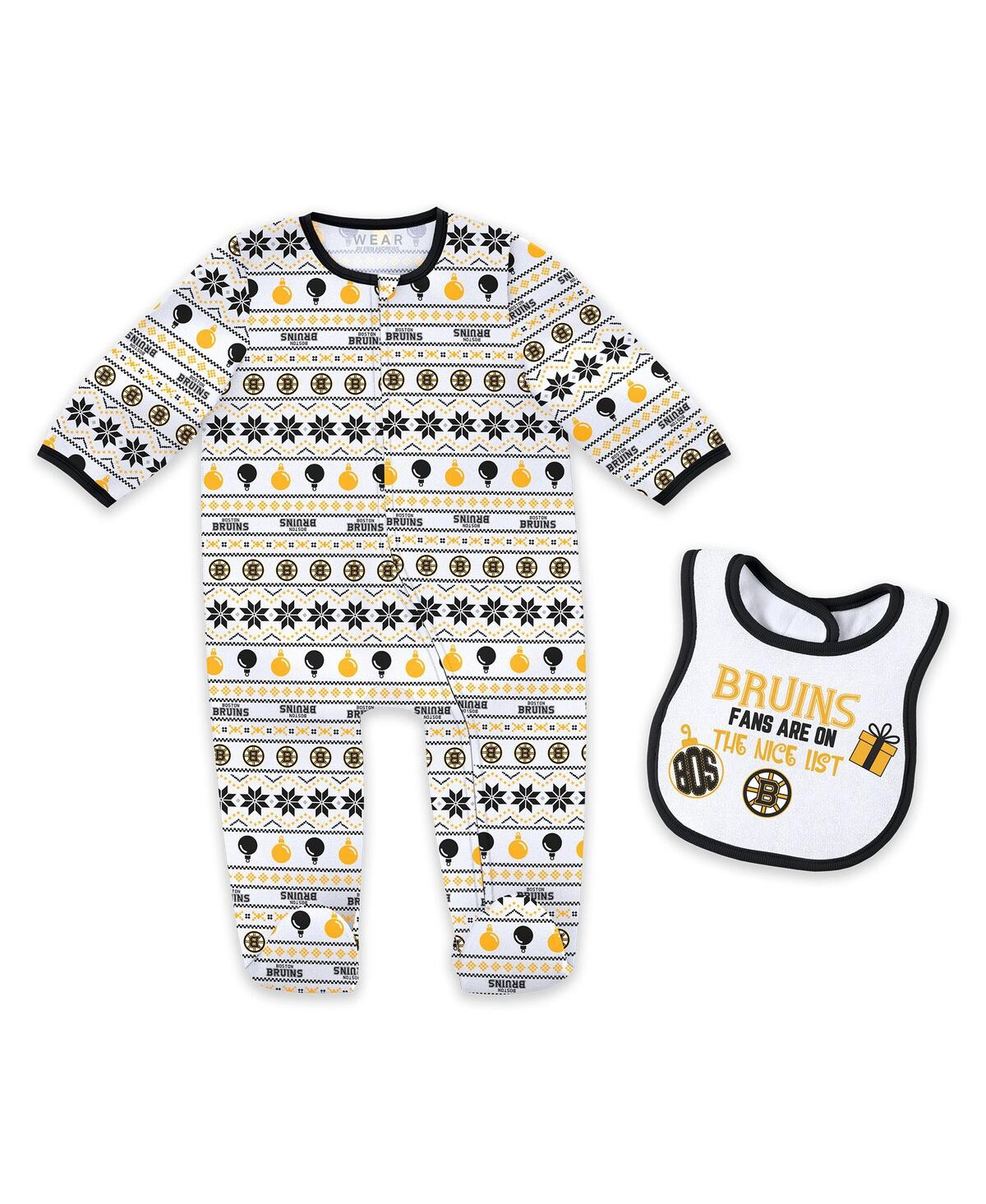 Wear By Erin Andrews Babies' Newborn 2-piece Boston Bruins Allover Print Full-zip Sleeper And Bib Christmas Set In Multi