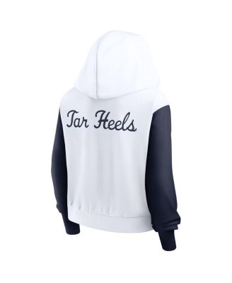 Women's White North Carolina Tar Heels Cropped Athletic Prep Color Block Script Full-Zip Hoodie