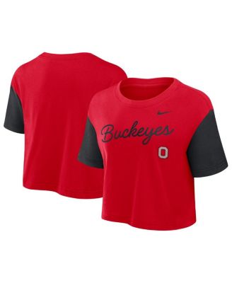 Nike - Women's Scarlet/Black Ohio State Buckeyes Color-Block Script Performance Cropped T-Shirt