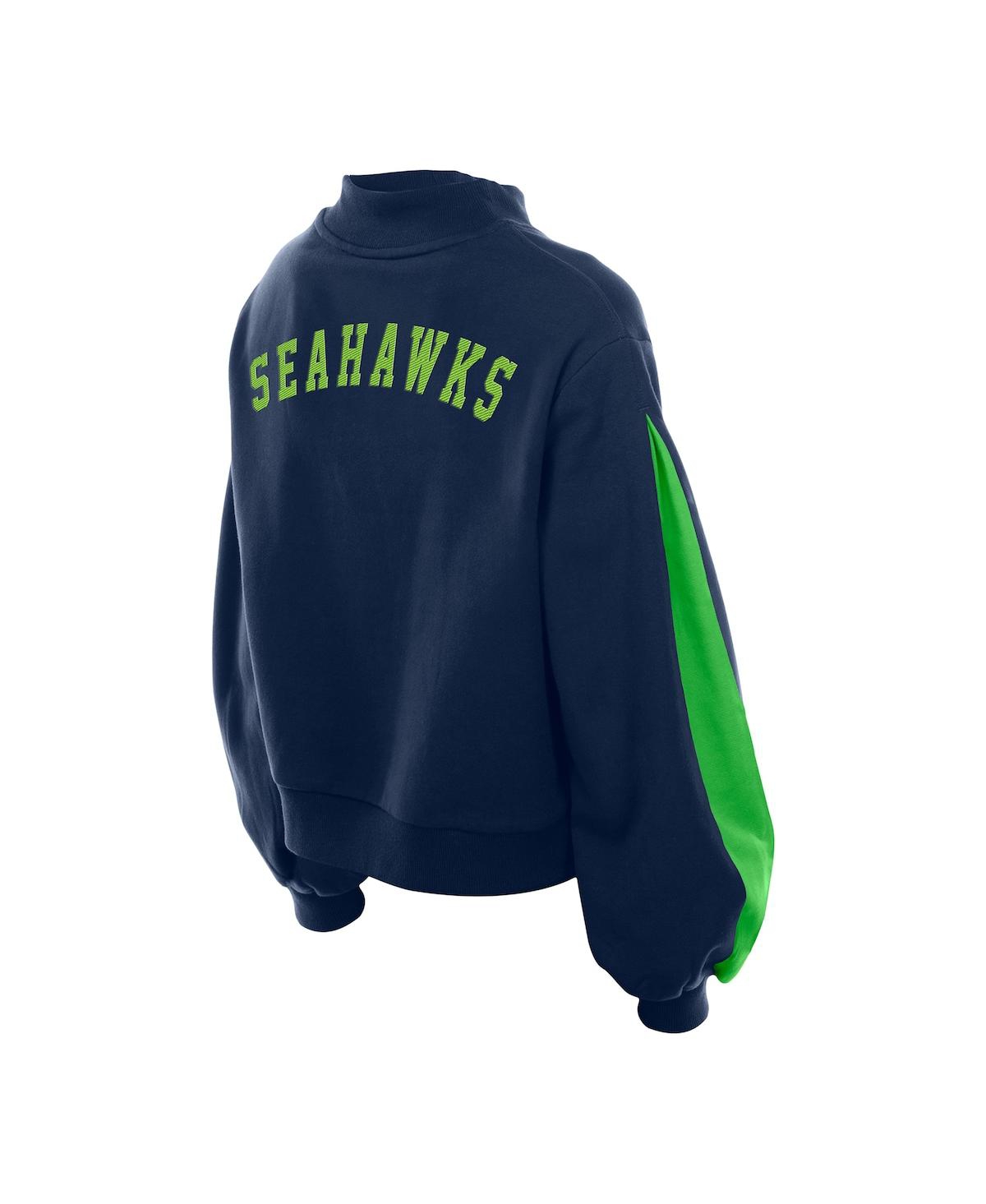 New Era Women's College Navy Seattle Seahawks Sport Night Mock Neck Balloon Sleeve Pullover Sweatshirt In Blue