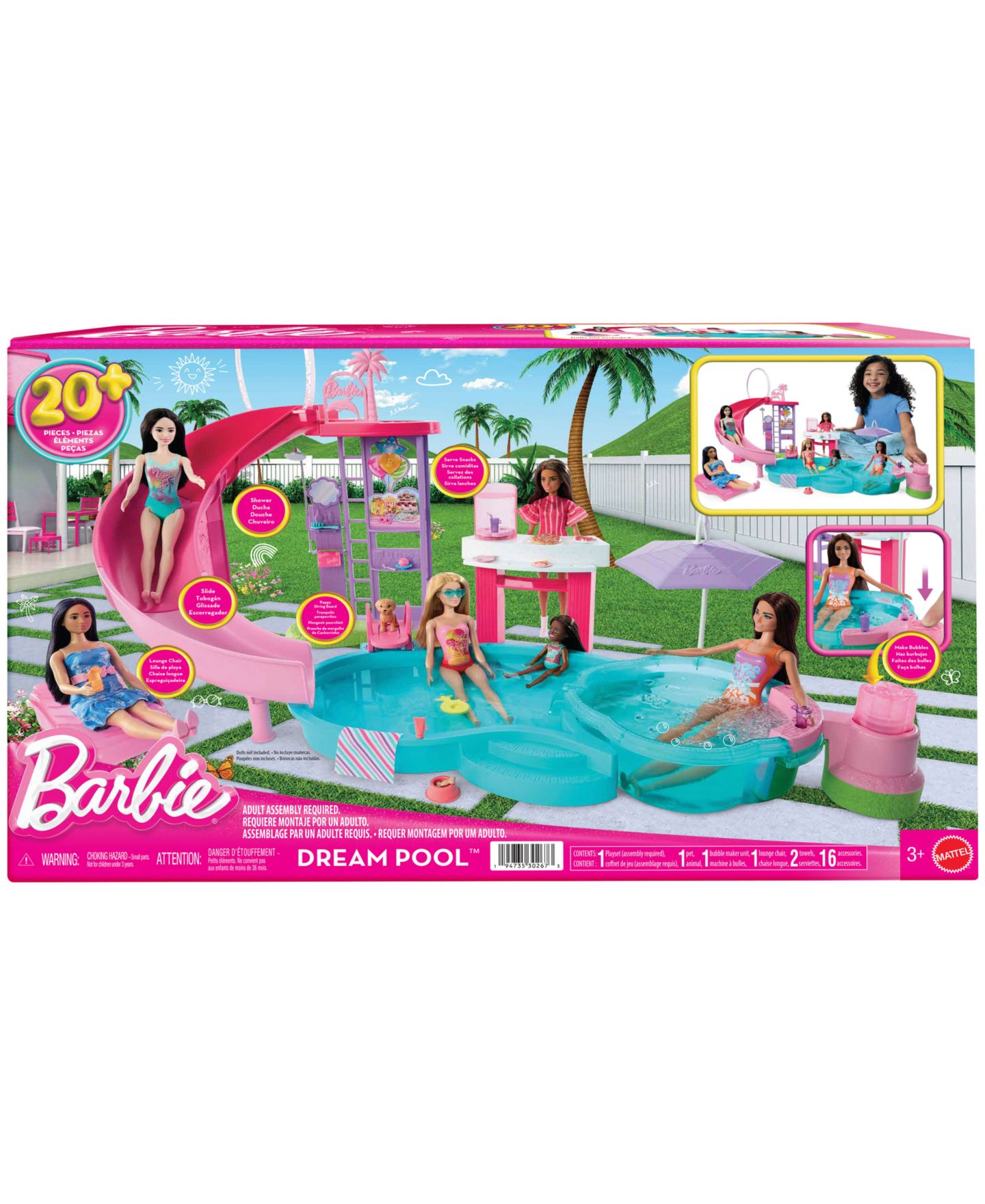 Детский игровой набор Barbie Dream Pool Playset with Slide and Bubbling Hot Tub, 20+ Accessories, Ages 3+ — фото 3