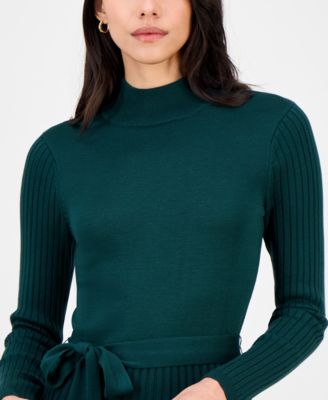 Women's Tie-Front Pleated Mock-Neck Sweater Dress