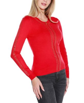 Women's Crewneck Embellished Zip Cardigan Sweater