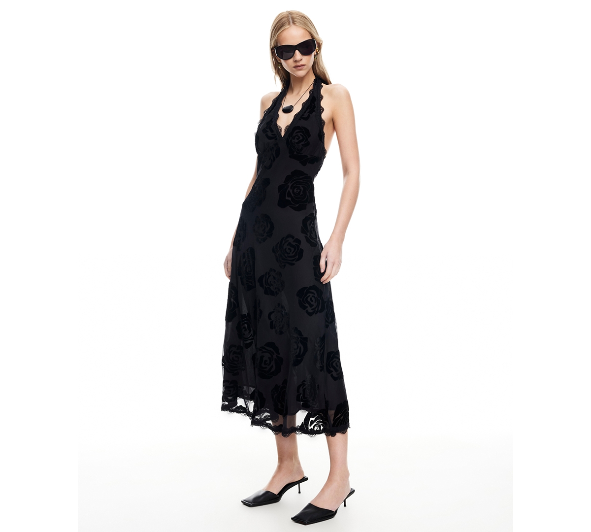Lioness Stars Align Halterneck Lace Trim Open Back Devore Dress In Black