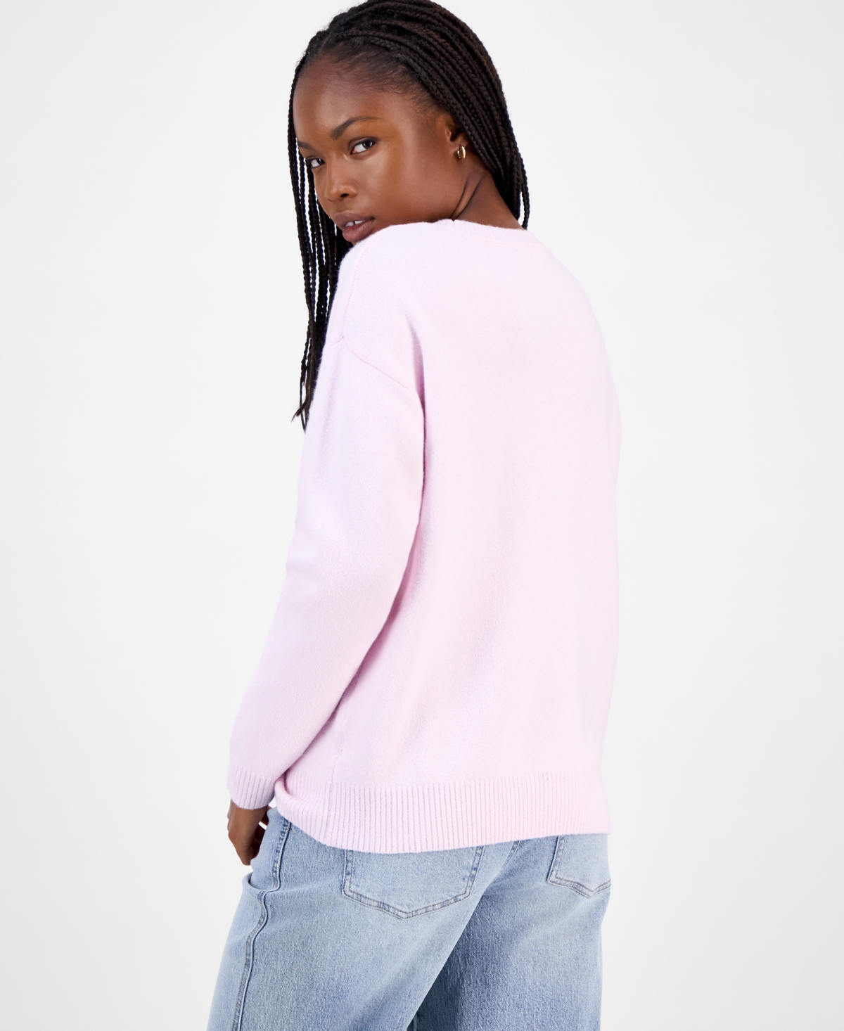 Hooked Up By Iot Juniors' Mossy Bunny Crewneck Sweater In Pink