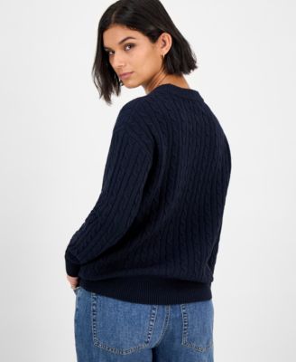 Juniors' Bear-Embroidered Cable-Knit Sweater