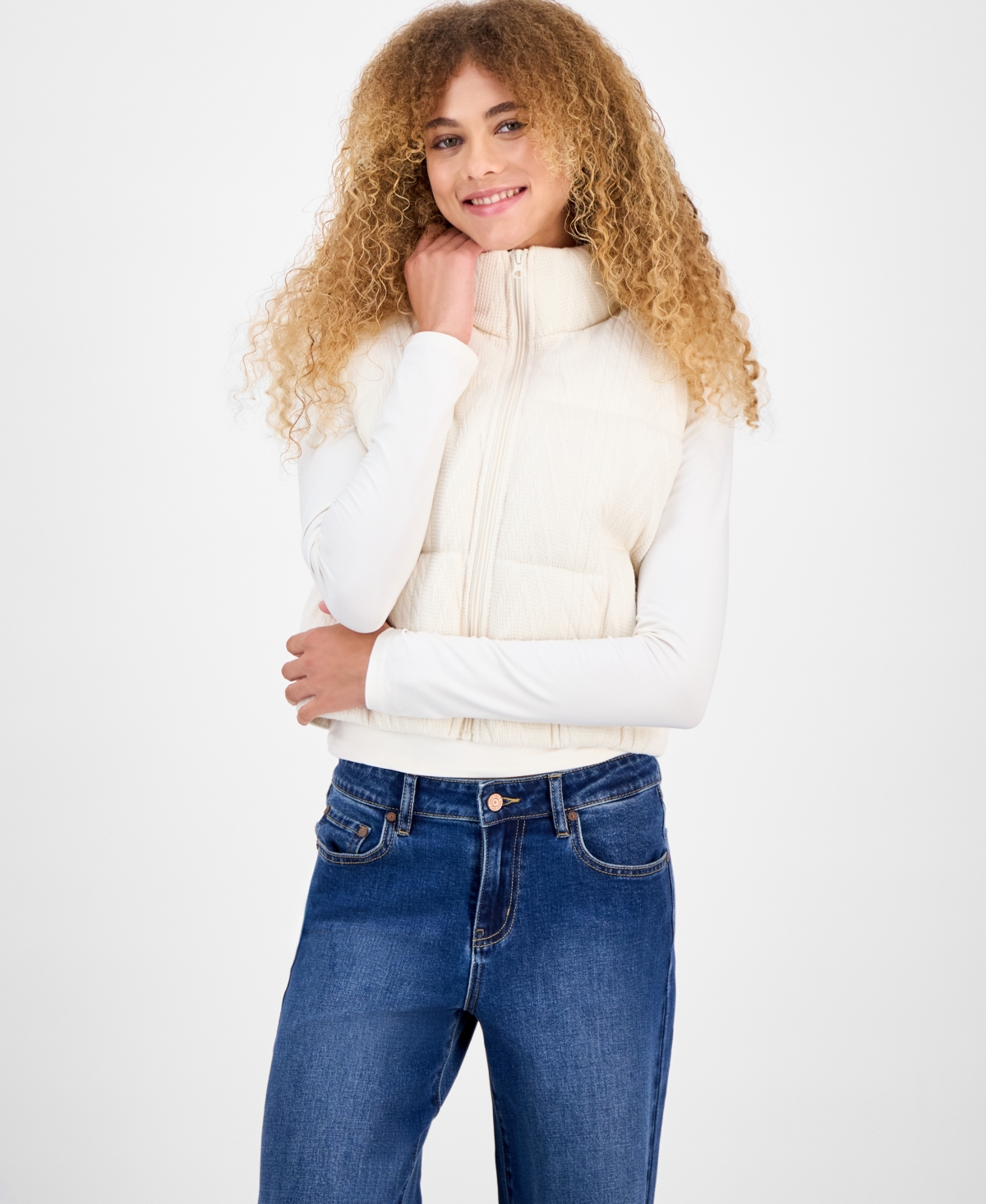 Planet Gold Juniors' Cable-knit Puffer Vest In White