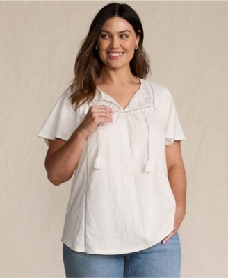 Women's Plus Size Slub Flutter Sleeve Lace Trim Notch Neck Tunic Top