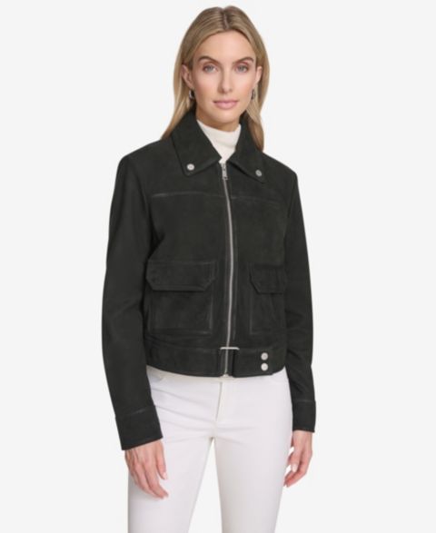 Женские куртки Andrew Marc Women's Lunetta Sueded Leather Trucker Jacket