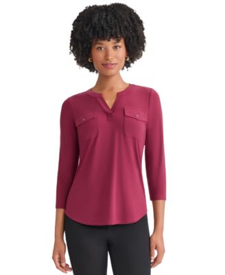 Women's Solid 3/4-Sleeve Flap-Pocket Knit Top