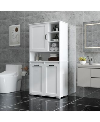 Laundry Cabinet with Doors, Tilt-Out Hamper, Open and Adjustable Shelves