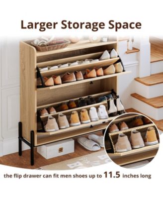 Shoe Cabinet Storage with 2 Flip Drawers, Oak