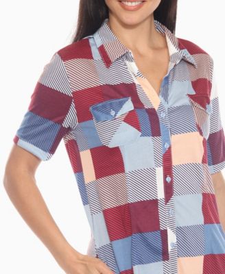 Women's Short Sleeve Plaid Button-Down Shirt Dress
