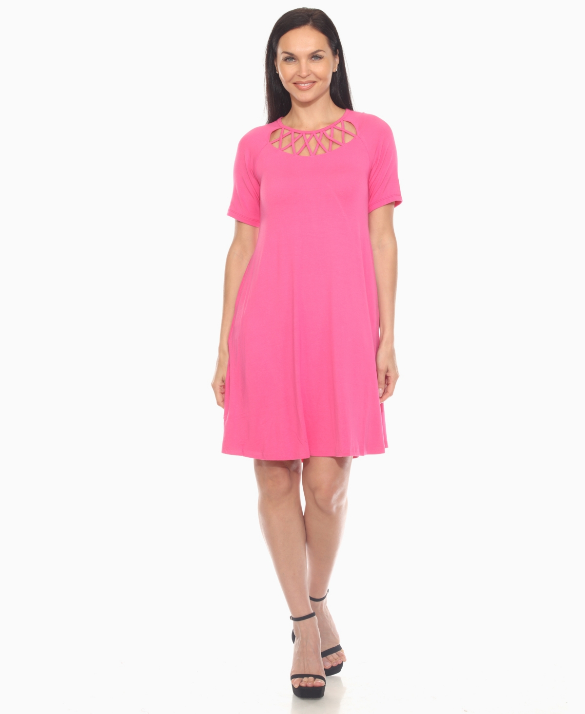 White Mark Plus Size Criss Cross Neckline 3/4 Sleeve Swing Dress In Pink