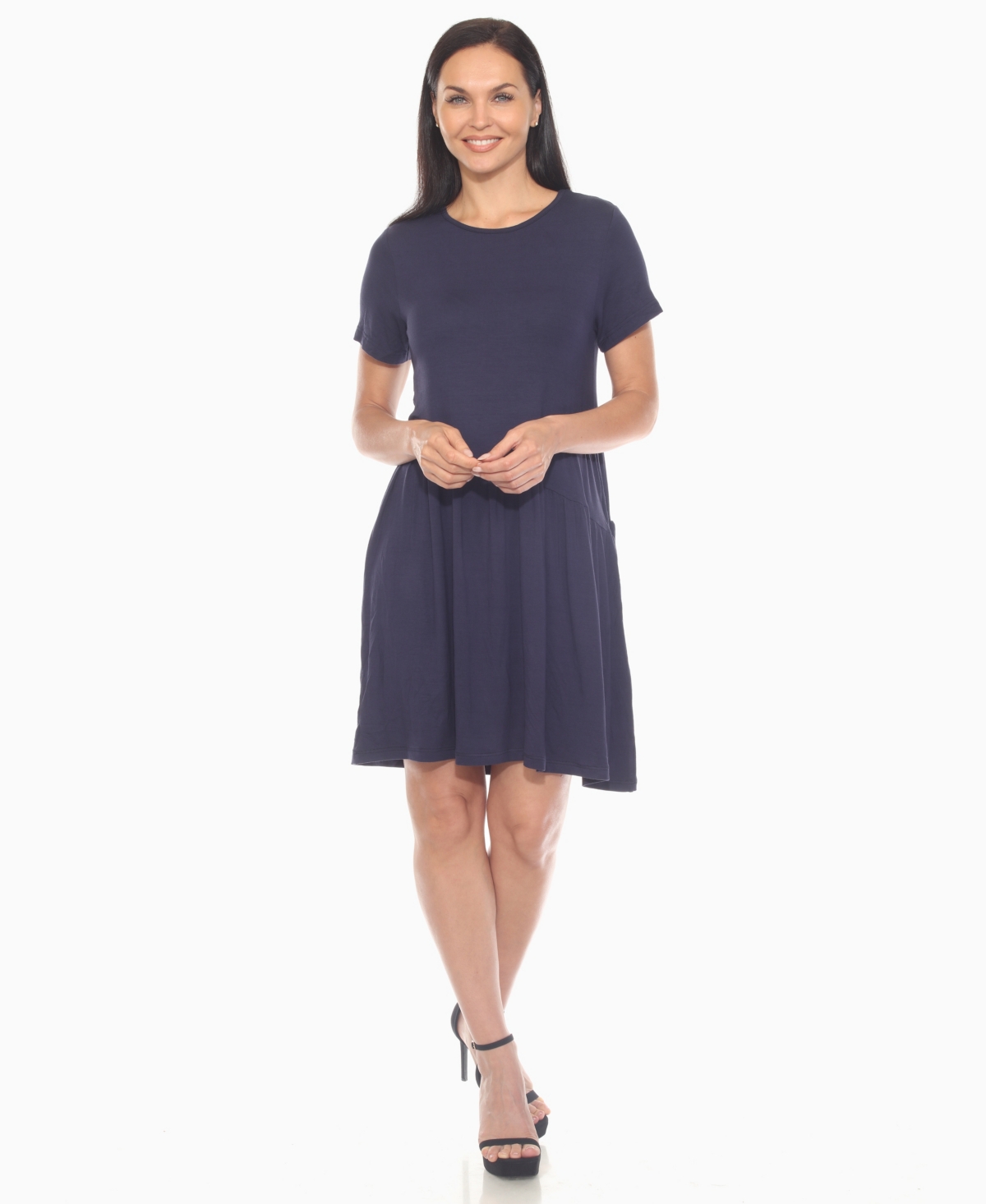 White Mark Women's Asymmetrical Waist And Short Sleeve Swing Dress In Blue