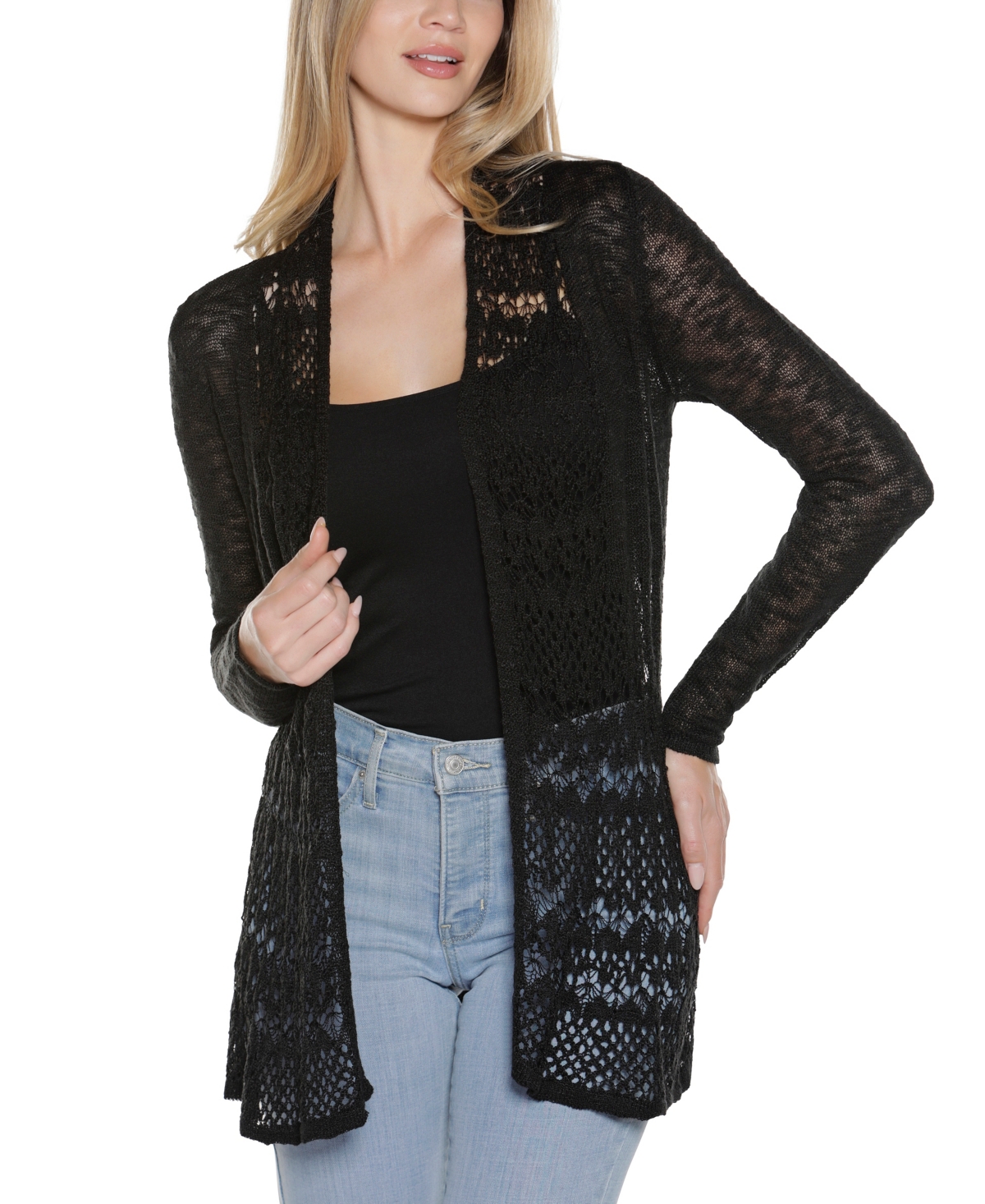 Belldini Plus Size Open-front Pointelle-trim Cardigan Sweater In Black