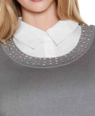 Women's Rhinestone-Neckline Two-Fer Sweater