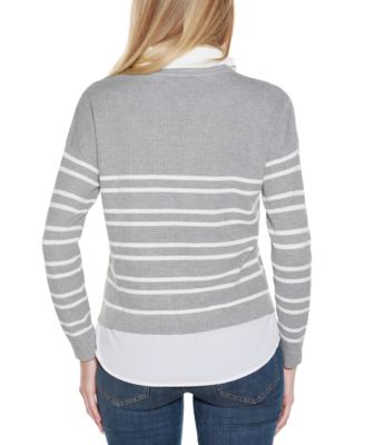 Women's Striped V-Neck Two-Fer Sweater