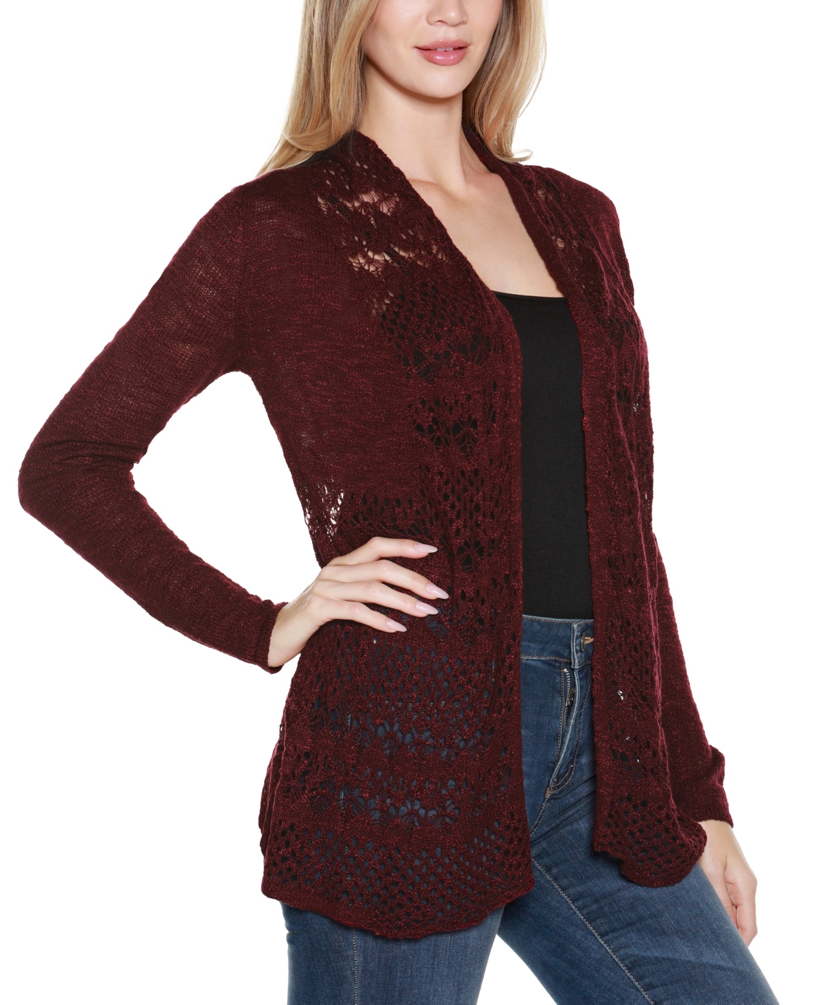 Belldini Women's Open-front Pointelle-trim Cardigan Sweater In Burgundy