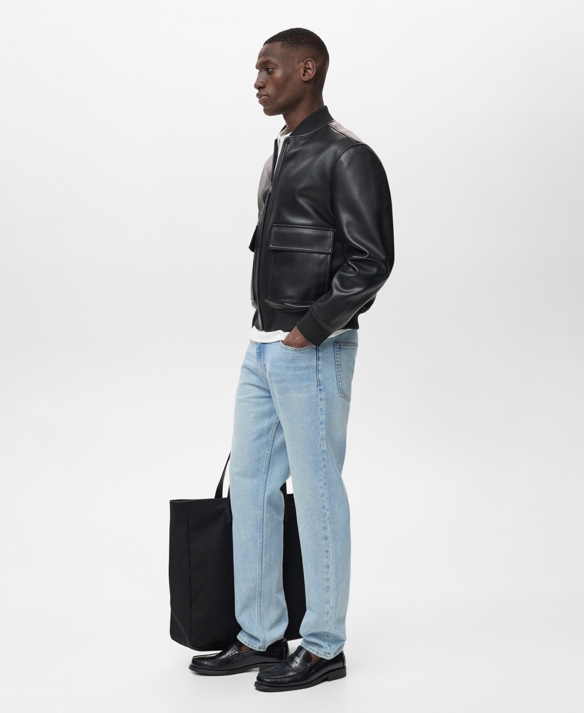 Mango Faux Leather Bomber Jacket In Black