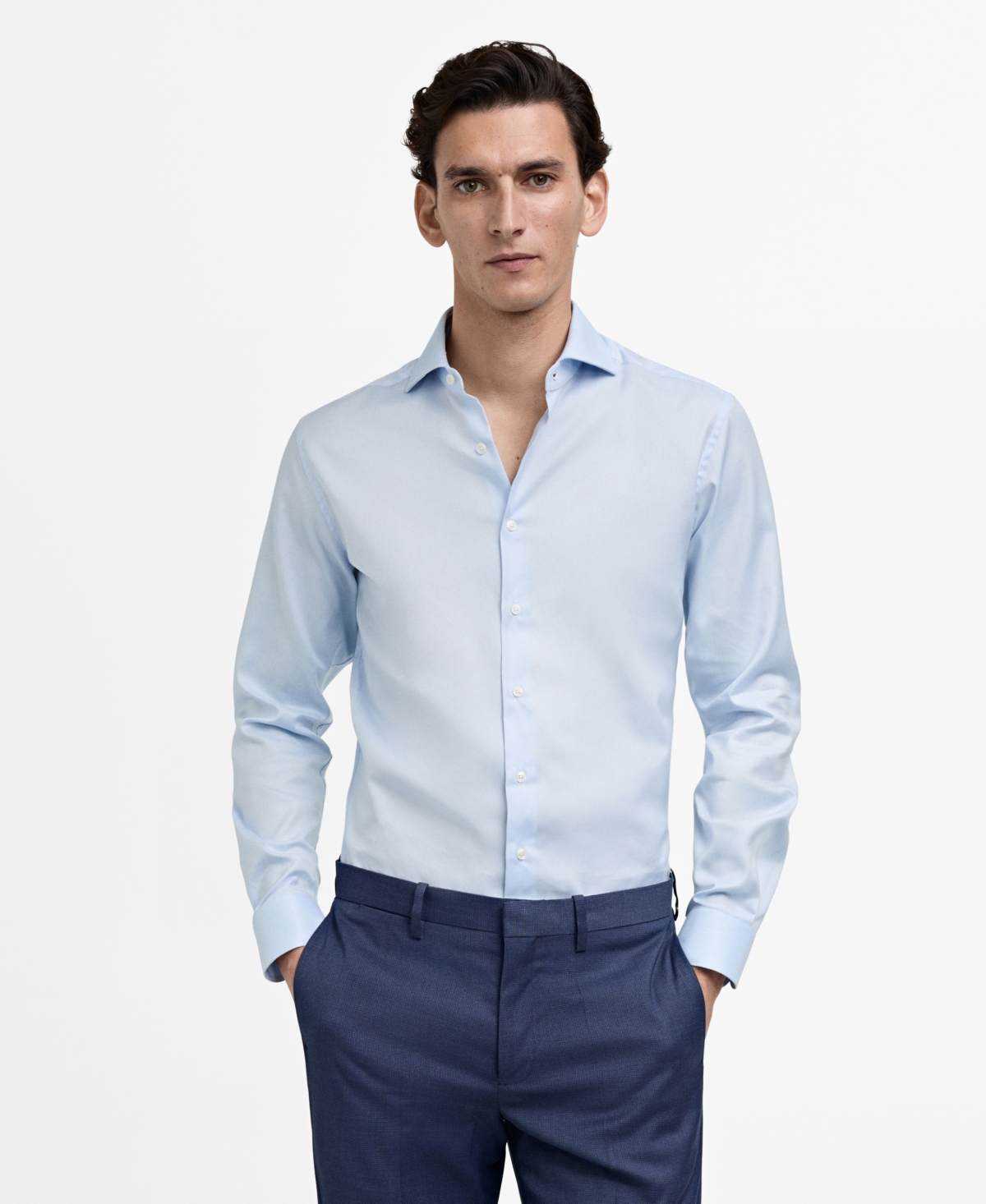Mango Slim Fit Structured Cotton Button-up Shirt In Blue