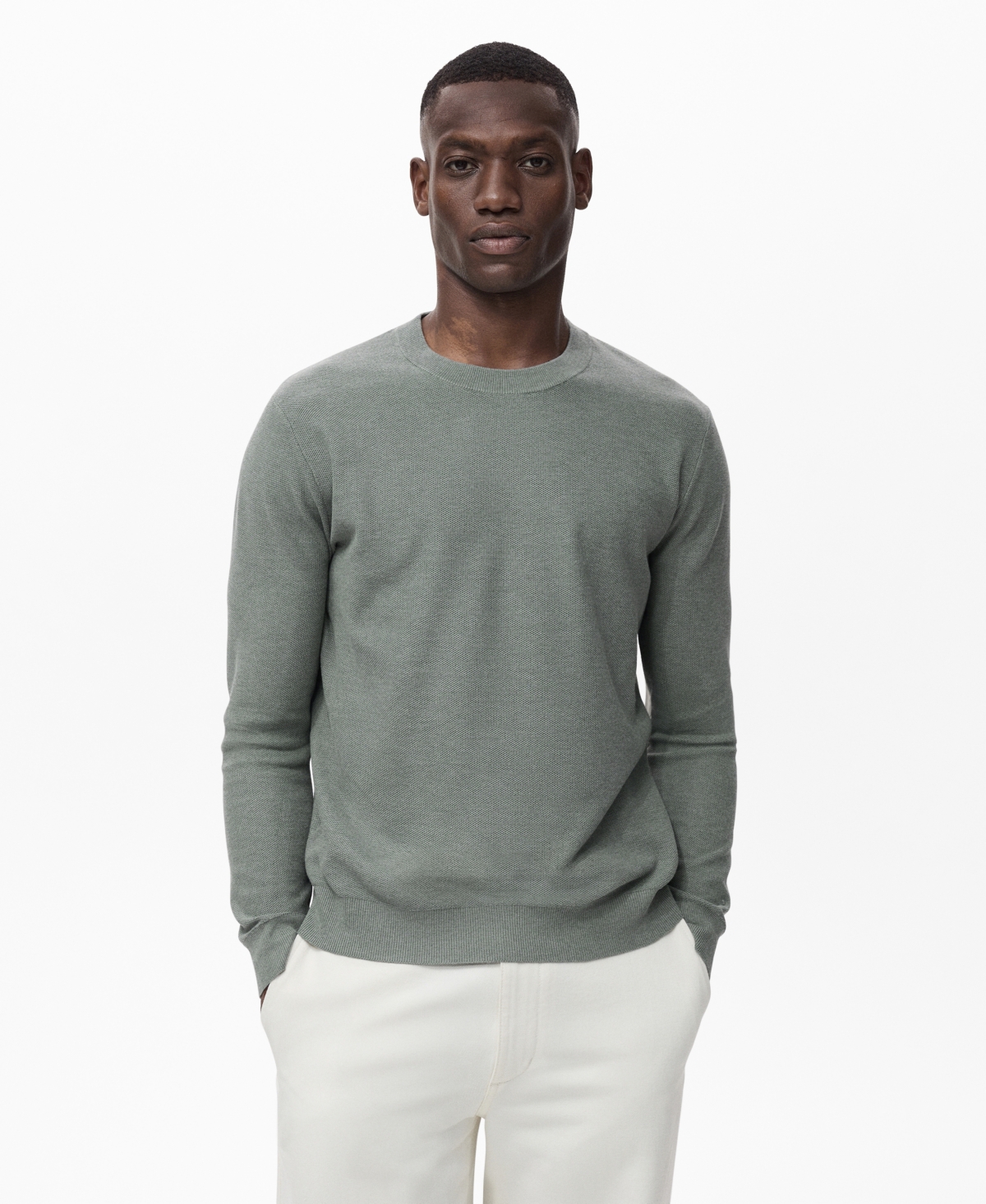 Mango Crewneck Linen Sweater In Green