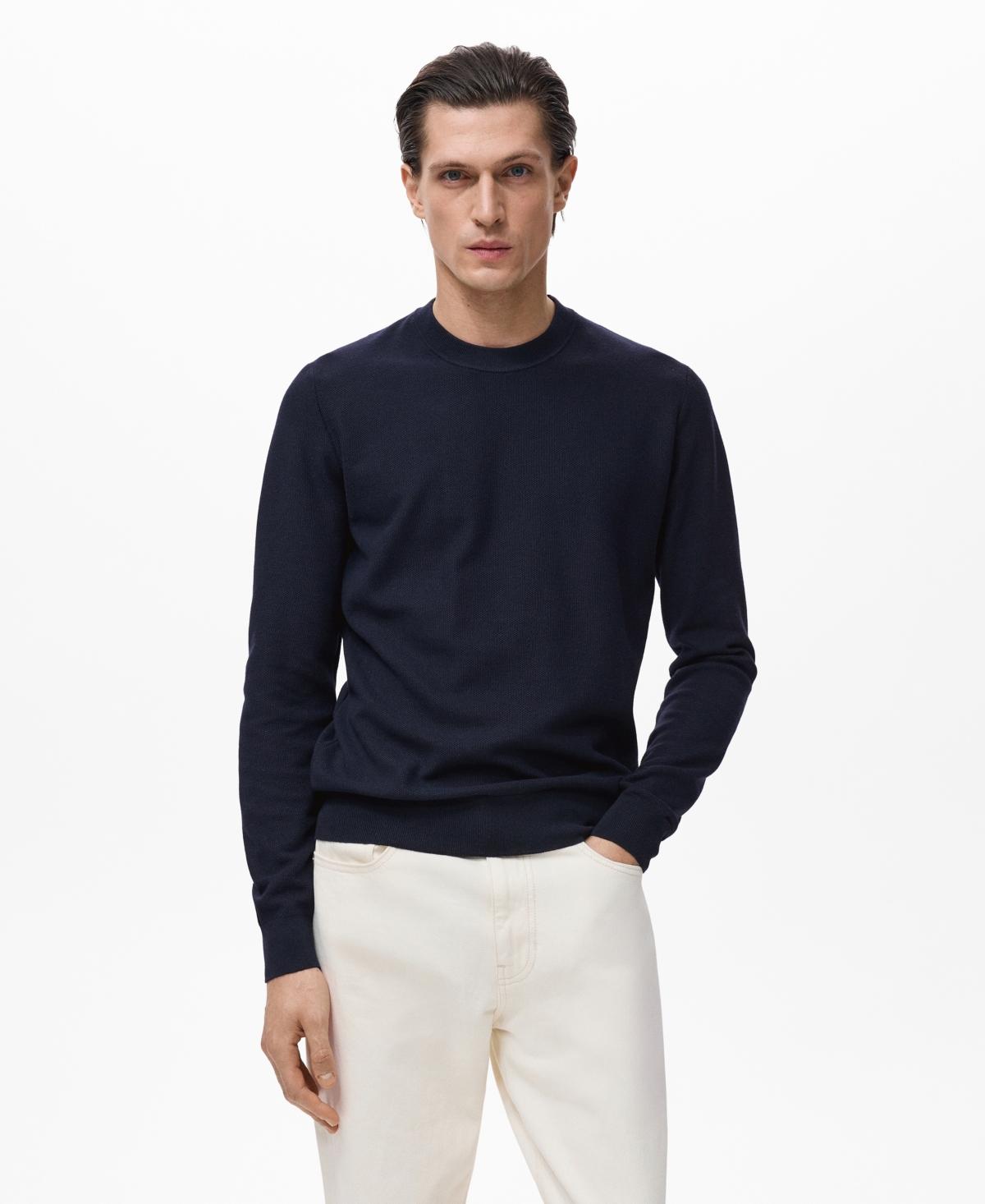 Mango Men's Microstructure Cotton Knitted Sweater In Blue