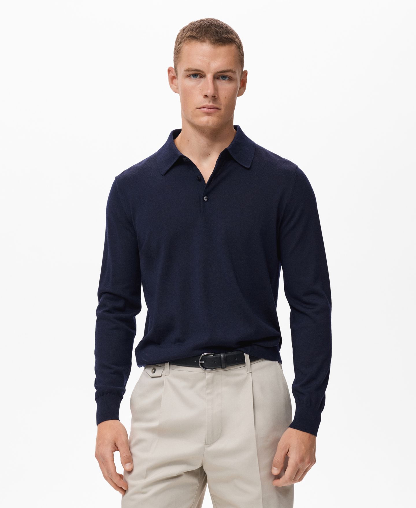 Мужской свитер MANGO Wool Knitted Polo Sweater, цвет: Тёмно-синий — фото 1