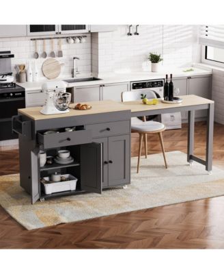 74.5" Kitchen Island with Pull-Out Dining Table, Rolling Storage Cart with 2 Drawers, Cabinets & Spice Rack-Maison Boucle