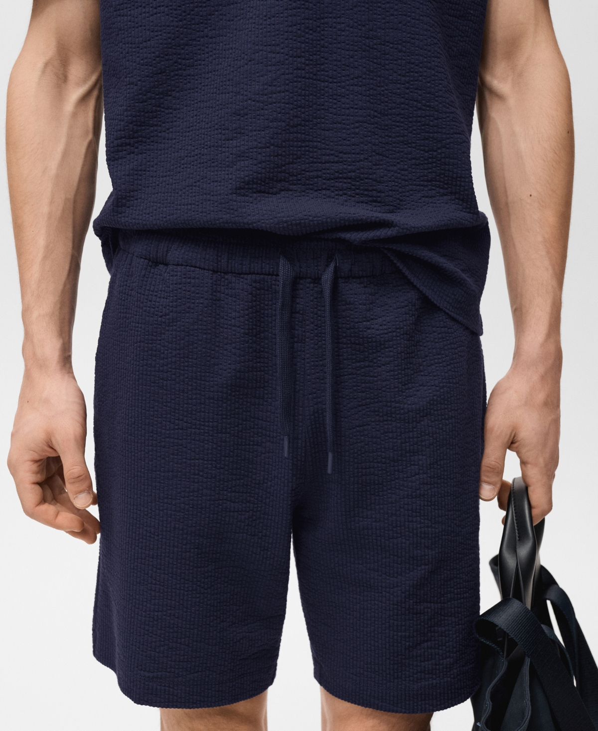Mango Drawstring Seersucker Shorts In Blue