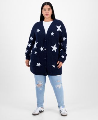 Trendy Plus Star-Print Open-Front Long Cardigan