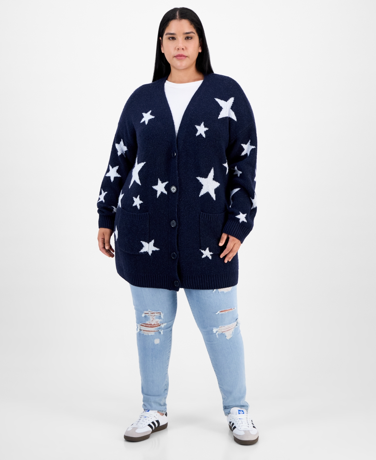 Hippie Rose Trendy Plus Star-print Open-front Long Cardigan