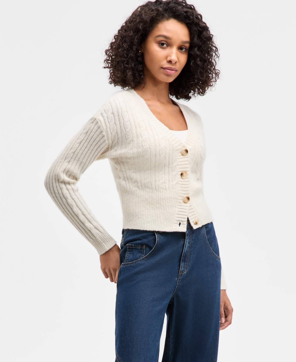 Self Esteem Juniors' Cable-Knit V-Neck Cropped Cardigan