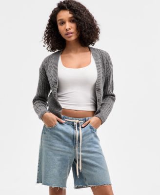 Self Esteem - Juniors' Cable-Knit V-Neck Cropped Cardigan