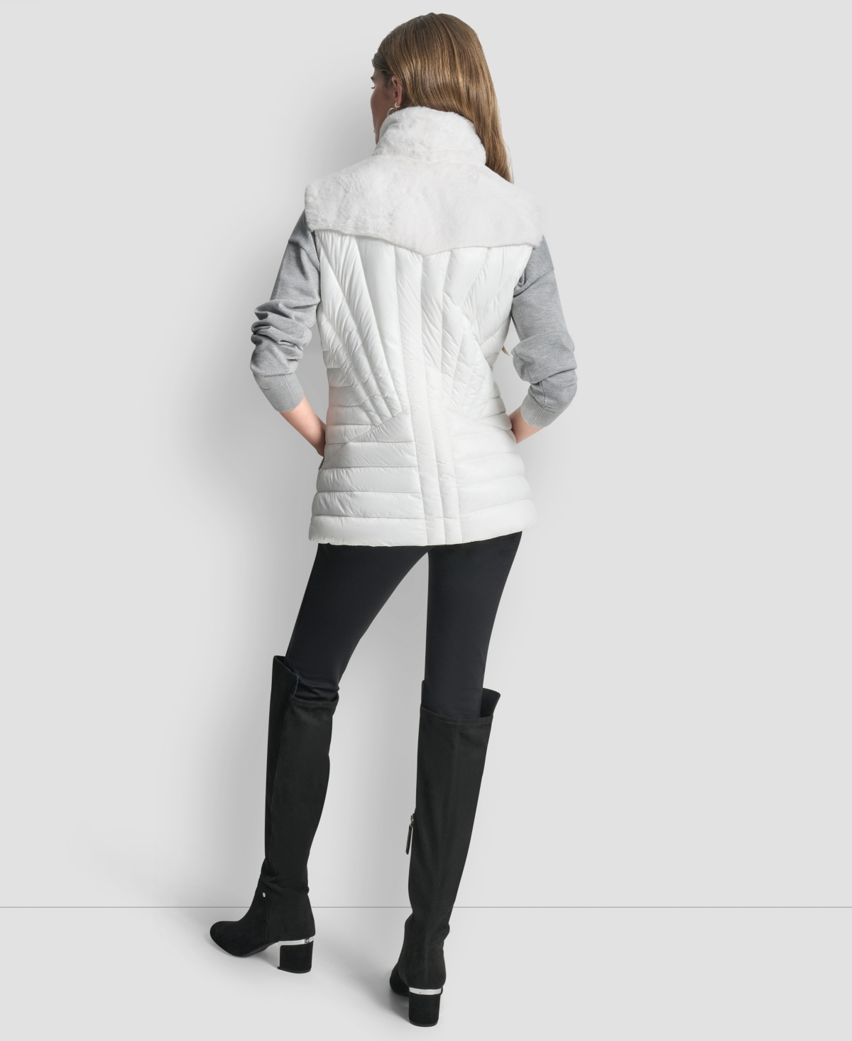 Dkny Sport Puffer Vest Womens White Quilted Faux Fur Hooded Outdoor Fts452 In White