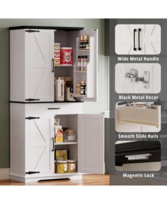 Kitchen Pantry Cabinet with Adjustable Shelves, White/Black