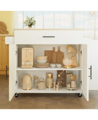 Kitchen Island with Storage, Drop Leaf, 3 Open Spice Rack Shelf, White