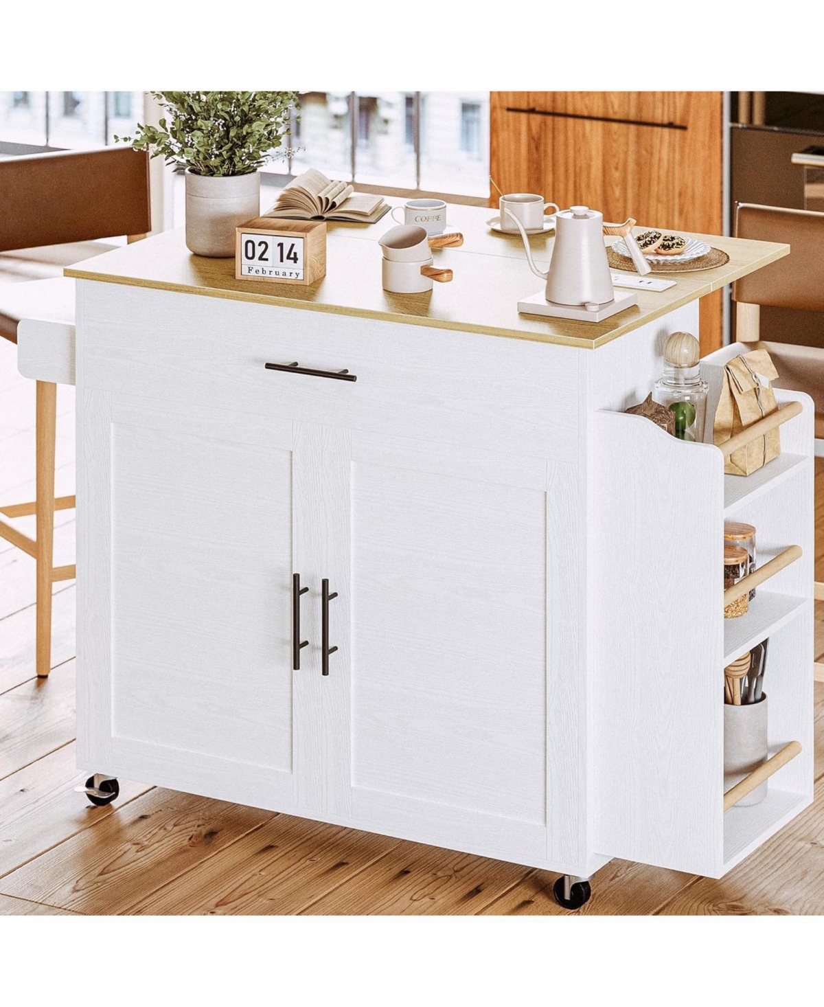 Kitchen Island with Storage, Drop Leaf, 3 Open Spice Rack Shelf, White