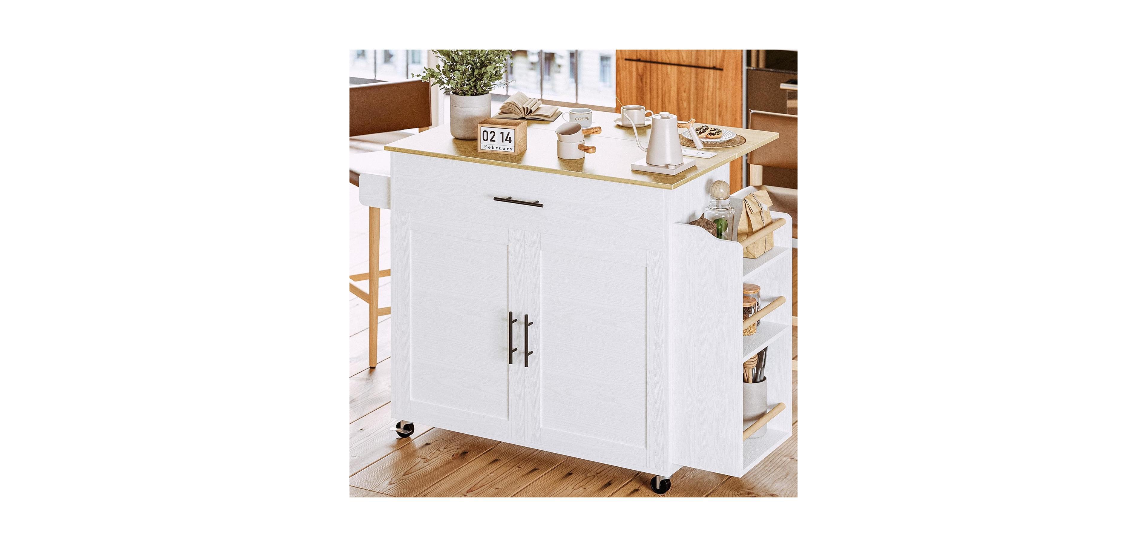 Kitchen Island with Storage, Drop Leaf, 3 Open Spice Rack Shelf, White