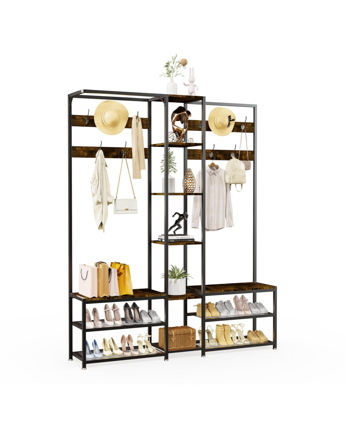 Unho 6 in 1 Coat Rack Shoe Bench Coat Rack Hall Tree with Bench Entryway Corner Coat Stand Large Organizer