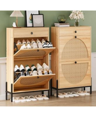 Shoe Cabinet with 2 Flip Drawers, Oak