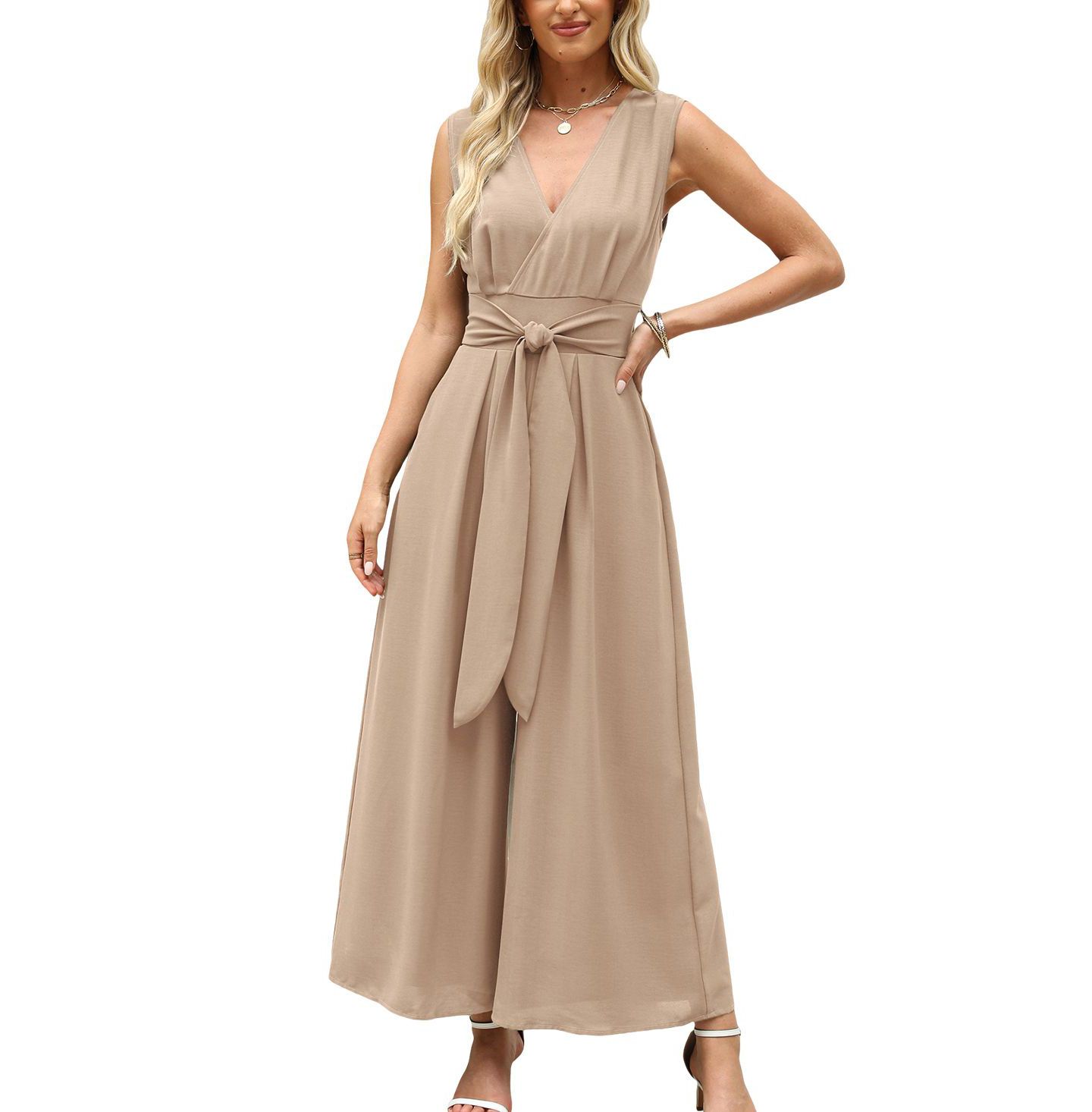 Женский комбинезон Cupshe Sleeveless Tie Front Jumpsuit, цвет: Бежевый / Хаки — фото 1
