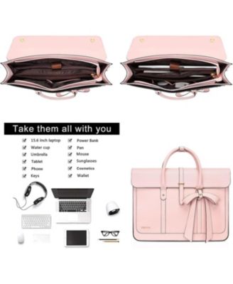Pink PU Leather Laptop Bag for Women - 15-15.6 Inch Convertible Backpack & Messenger Bag, 16 Inch Work Briefcase with Bowknot