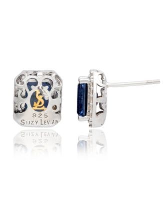 Suzy Levian Sterling Emerald Cut Sapphire & Created Sapphire Halo Stud Earrings