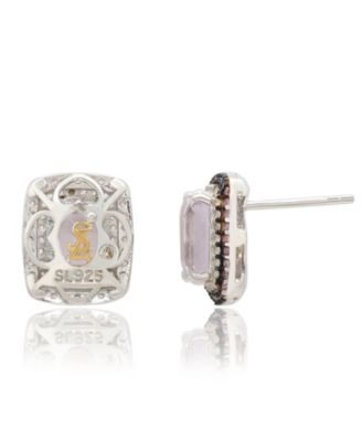 Suzy Levian Sterling Silver Emerald Cut Topaz And Sapphire Double Halo Stud Earrings