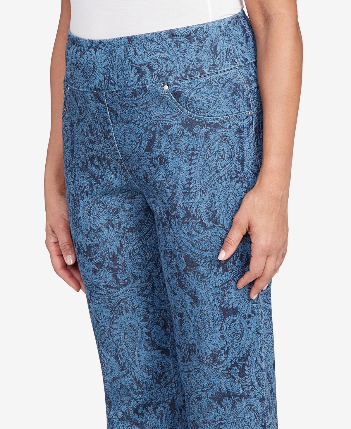 Ruby Rd. Petite Paisley Stretch Denim Pull On Ankle Jeans In Blue