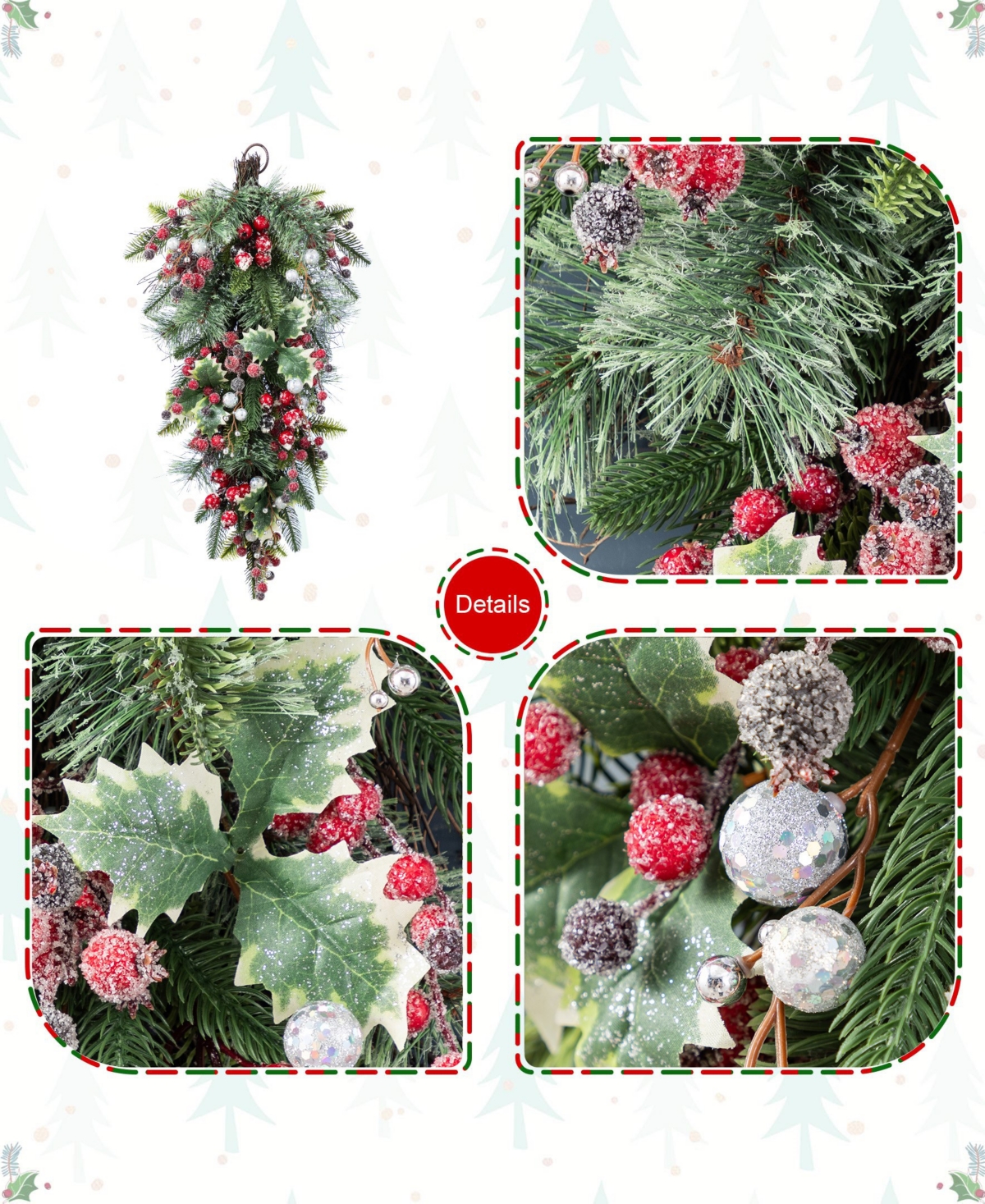 Glitzhome 28" Christmas Pomegranate Berry And Holy Leaf Teardrop In Multi
