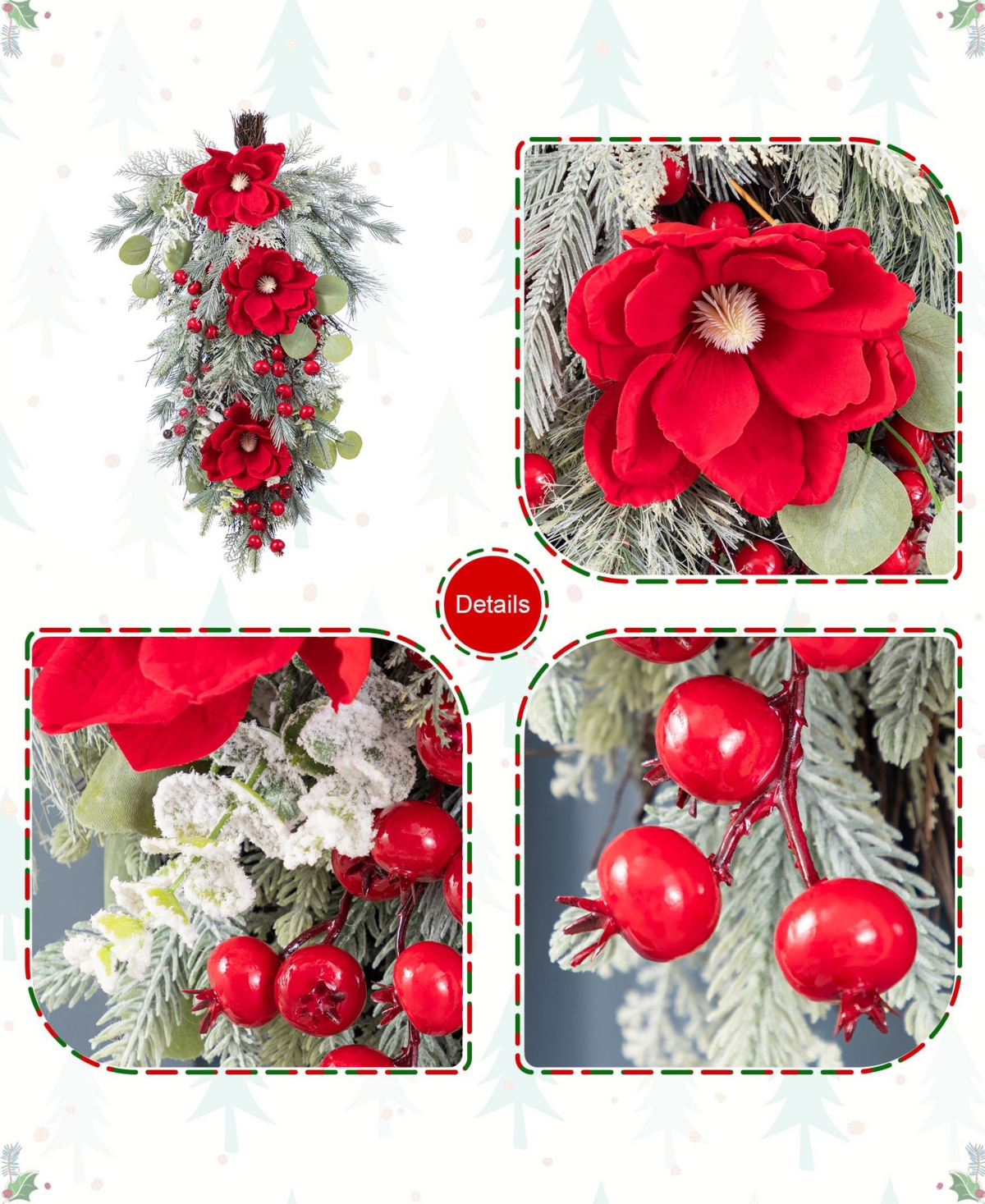 Glitzhome 28" Christmas Mangnolia Berry Teardrop In Multi