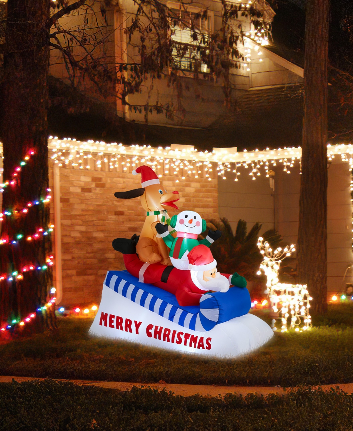 Glitzhome 6" Lighted Inflatable Skiing Santa, Snowman And Dog Decor In Multi