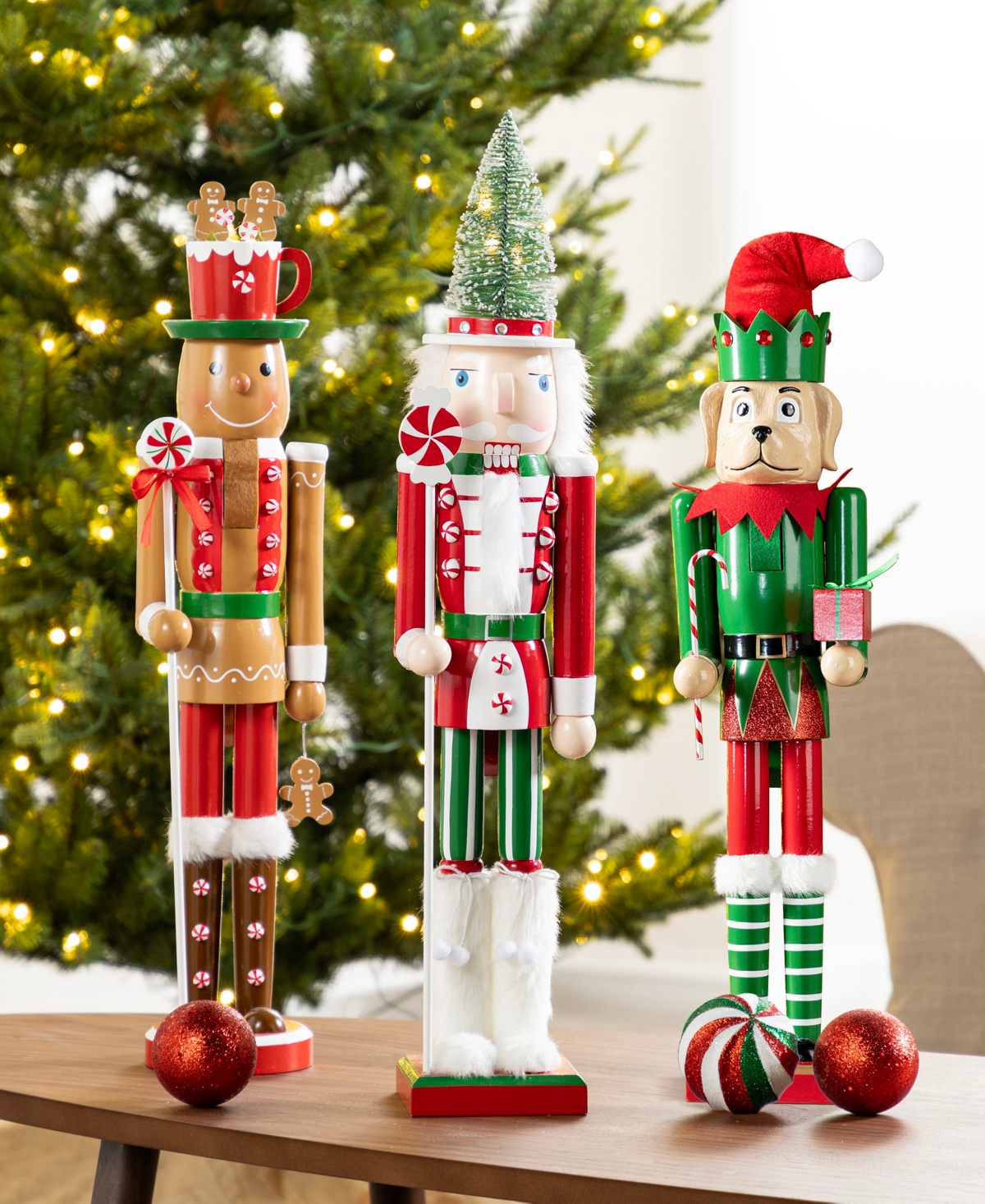 Glitzhome Wooden Christmas Green Brush Tree, Gingerbread Man And Elf Dog Nutcracker, Set Of 3 In Multi